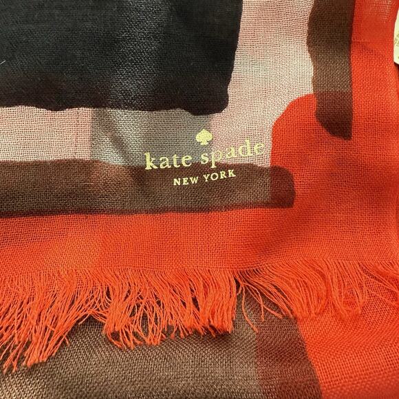 Kate Spade New York Wool Scarf Abstract Geometric Fringe Red Multicolor - Picture 2 of 5